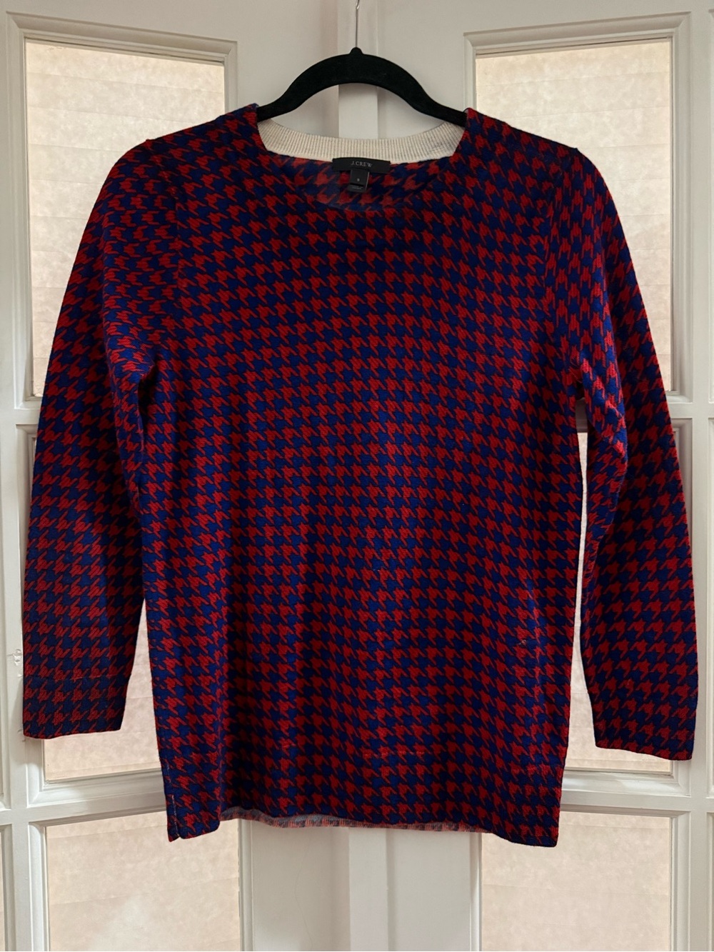 J. Crew Red and Navy Houndstooth Crewneck Sweater